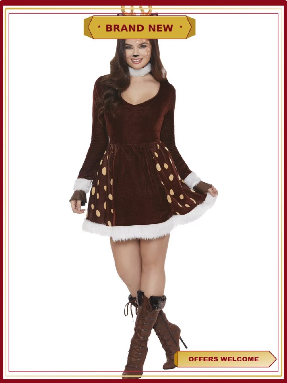 Women's Adult Deer Halloween Costume Dress Medium Faux Fur
